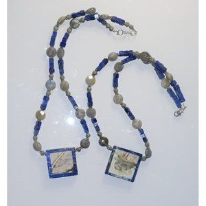 Two Vintage Natural Lapis Stone Pendant Beads Asian Necklace Hand Made Tiles